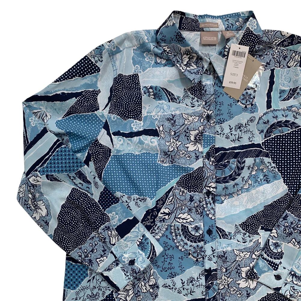 NWT Chico’s Whimsy BLue and White Patchwork Splitback Button Down Shirt Size 16